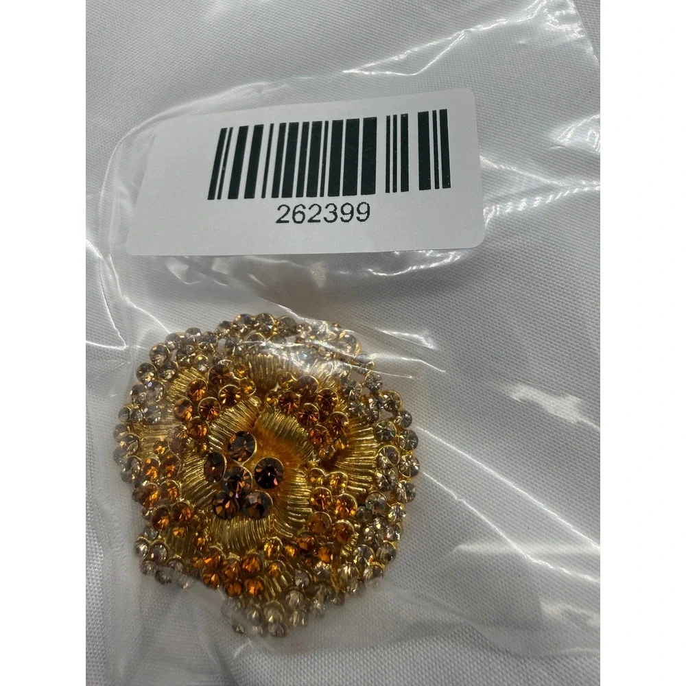 Vintage Gold Tone Rhinestone Flower Brooch Amber Topaz Crystal Floral Pin